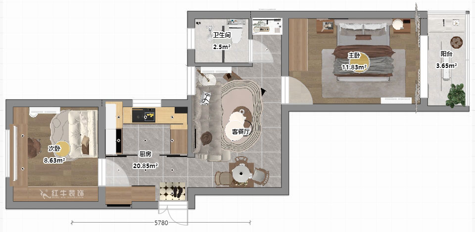 朱明琪｜安德里230号3-501-60㎡-轻法式原木风｜2室1厅1卫｜老房装修｜定制家｜全包9万｜00_03平面彩图